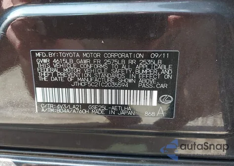 2012 Lexus Is 250 z USA, uszkodzony, nr VIN JTHCF5C21C2035594